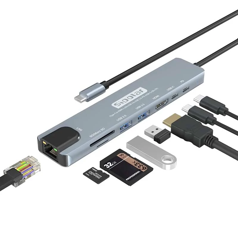 هاب + تبدیل 8IN1 Type-C TO Lan+Type-C+HDMI+USB3.0+SD+TF پک سفید آبی