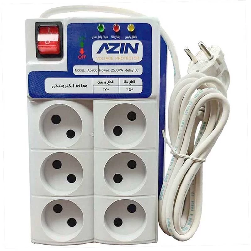 محافظ برق 6 خانه کلید دار صوتی تصویری کامپیوتر 3 متری آذین Azin AP706
